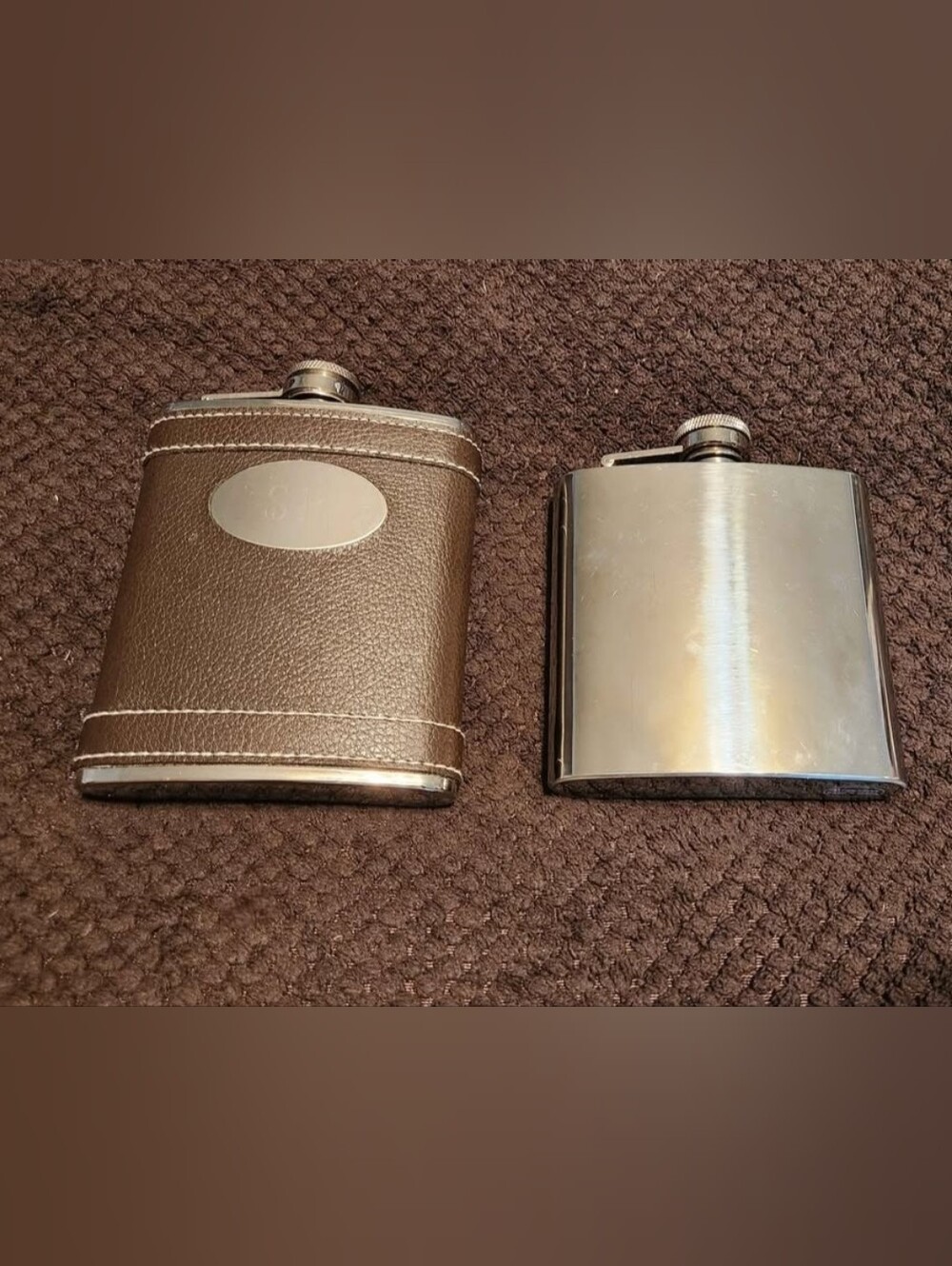 Classic Stainless Steel Hip Flasks Set - Brown Leather & Polished Silver